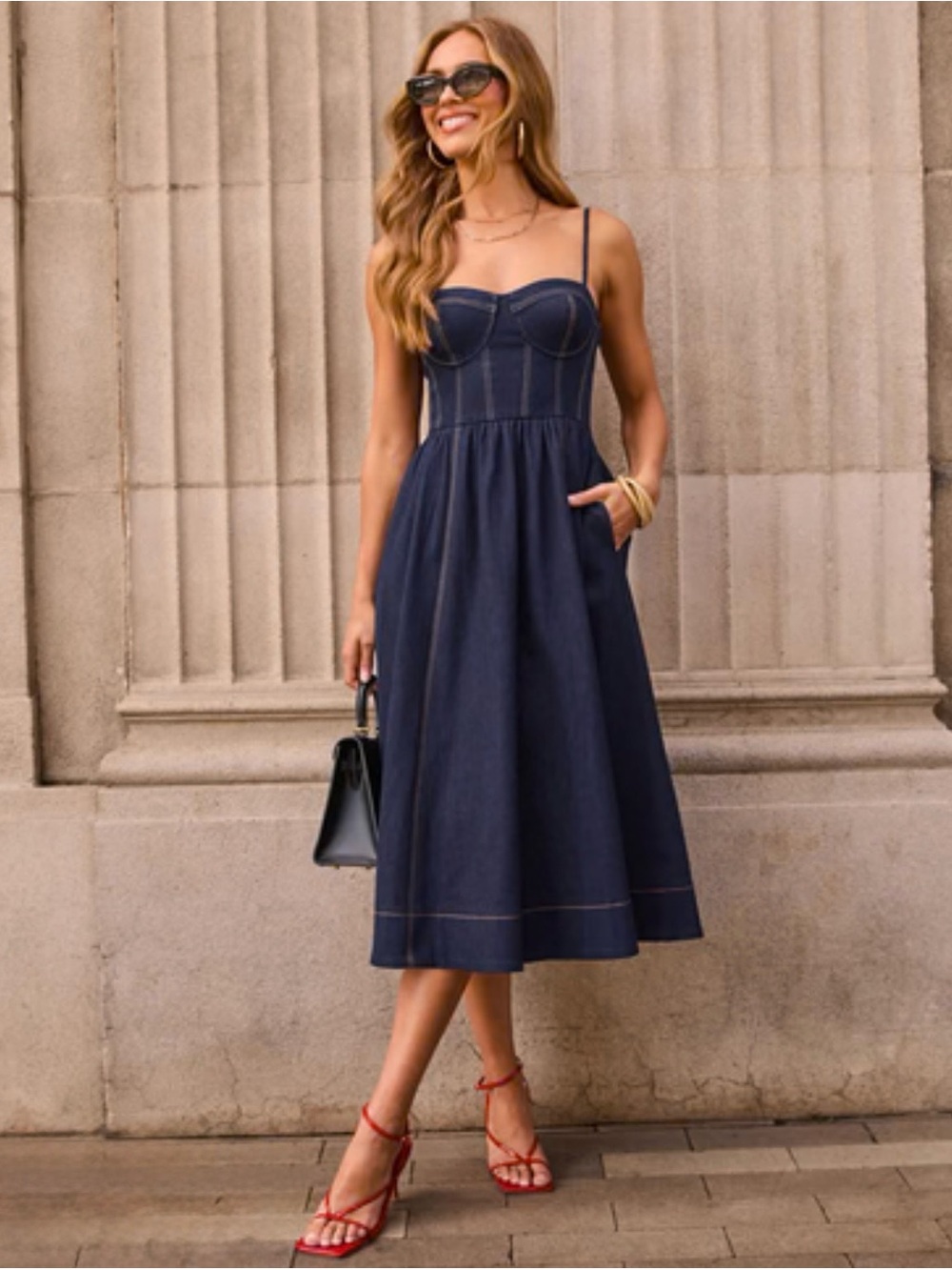Vici Navy Bustier Midi Dress with Contrast Stitching